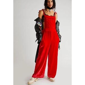 Free People eva red textured velvet high rise wide leg overalls